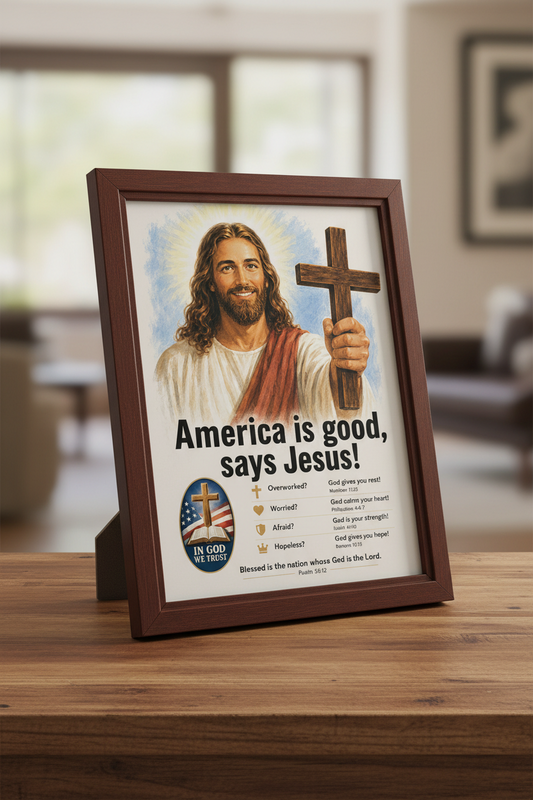 Framed picture of a christian holding a cross with text 'America is good, says Jesus!' on a wooden surface.