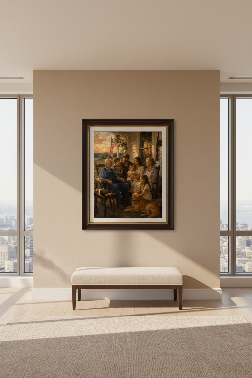 Christian traditional family painting haning in a minimalistic room in a skyscraper.
