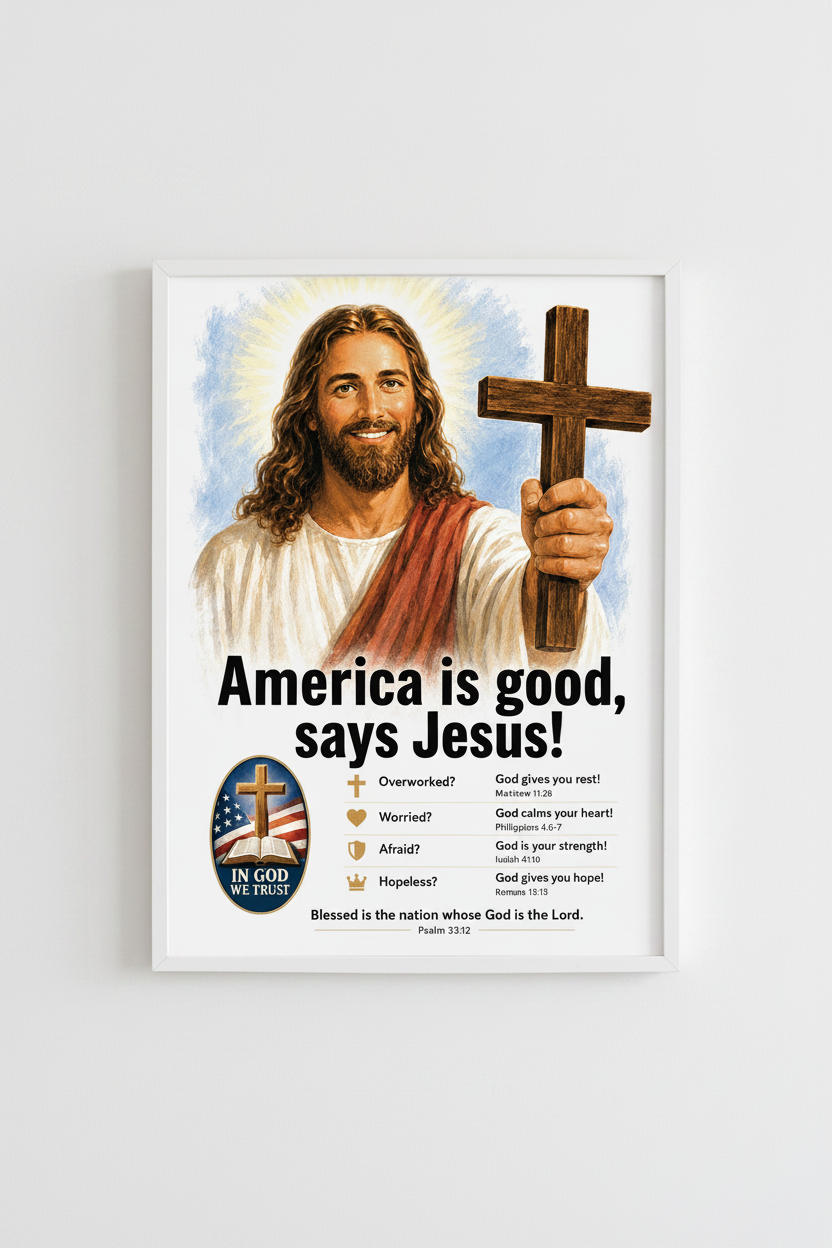 Illustration of Jesus, religious figure, holding a cross with text about God's blessings on America.