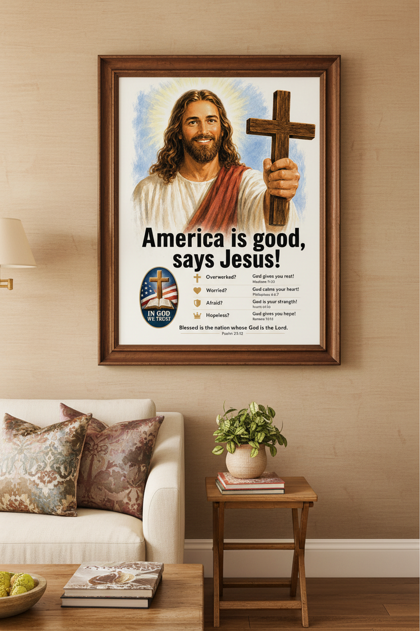 America is good, says jesus. Christian wall art, printable, hanging in a living room