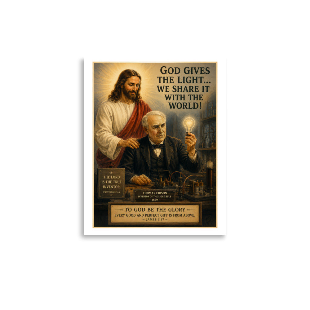 Poster featuring a historical figure and Jesus with a light bulb, text about sharing light with the world.