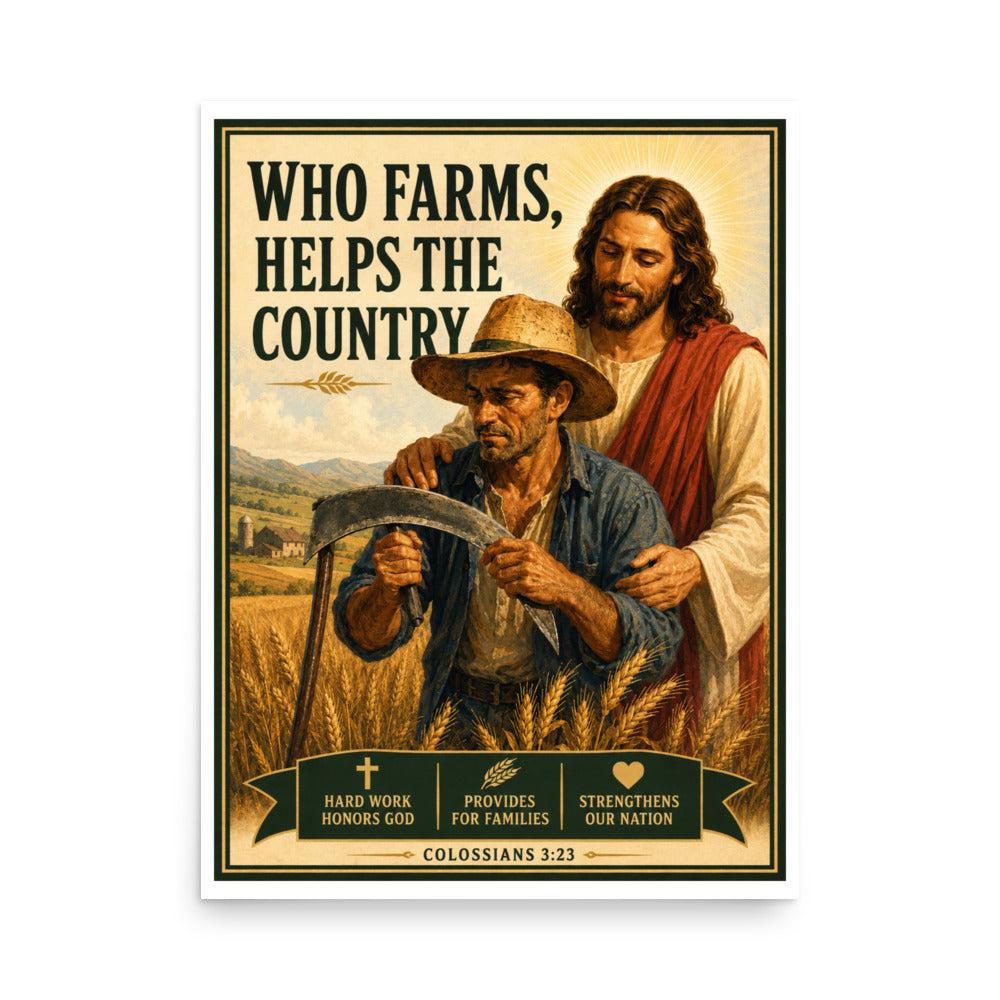 Poster with a man and a robed figure holding a scythe, with text 'Who farms, helps the country' and biblical reference.