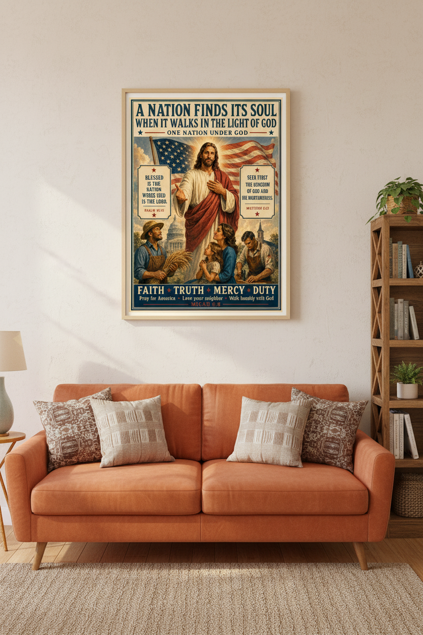 Living room with a framed poster on the wall above an orange couch.