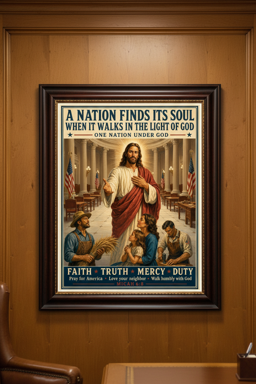 Nation finds its soul vintage christian wall art, hanging on a wooden wall