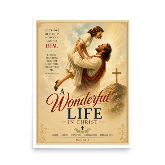 Poster with a man lifting a child, text about 'A Wonderful Life in Christ', and religious symbols.