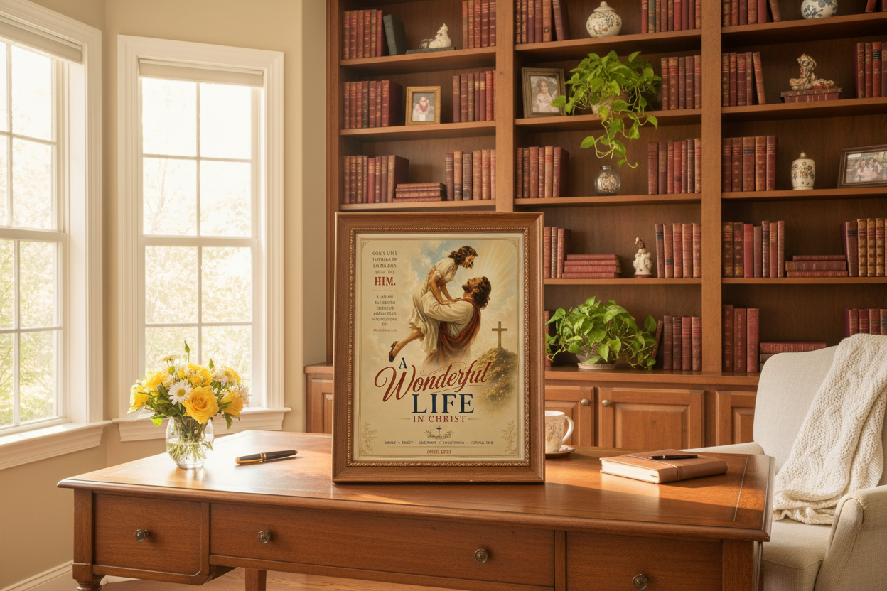 Vintage christian art called Wonderful Life in Christ in a study