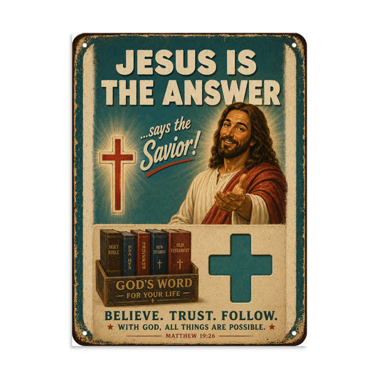 Vintage-style sign with Jesus and religious text on a white background