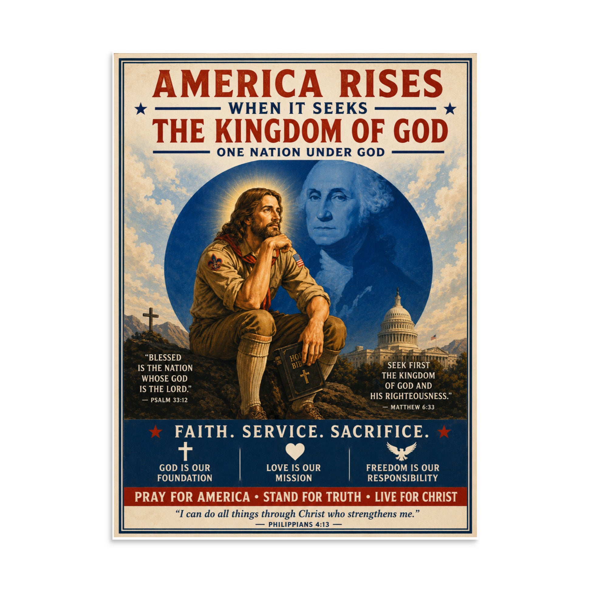 Poster with religious text and imagery of a man and woman, set against a blue sky with clouds.