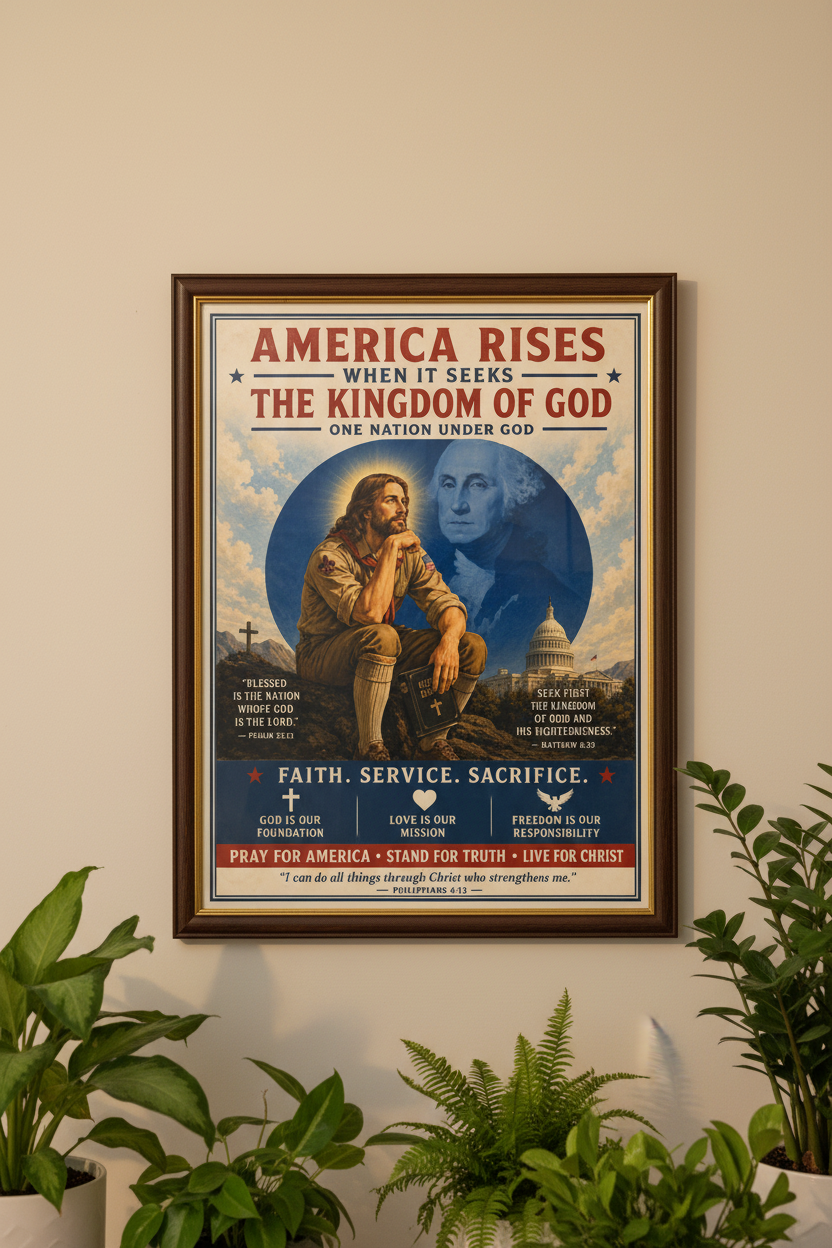Framed poster with religious text and imagery on a wall with plants below.