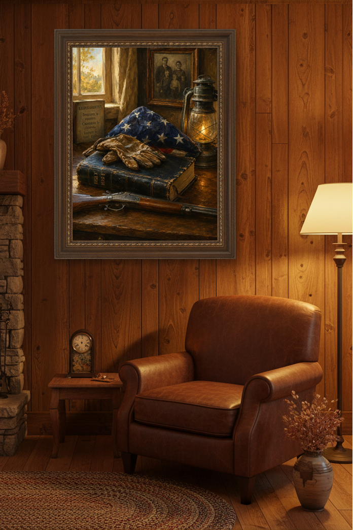 rustic christian patriotic oil painting in a wooden house