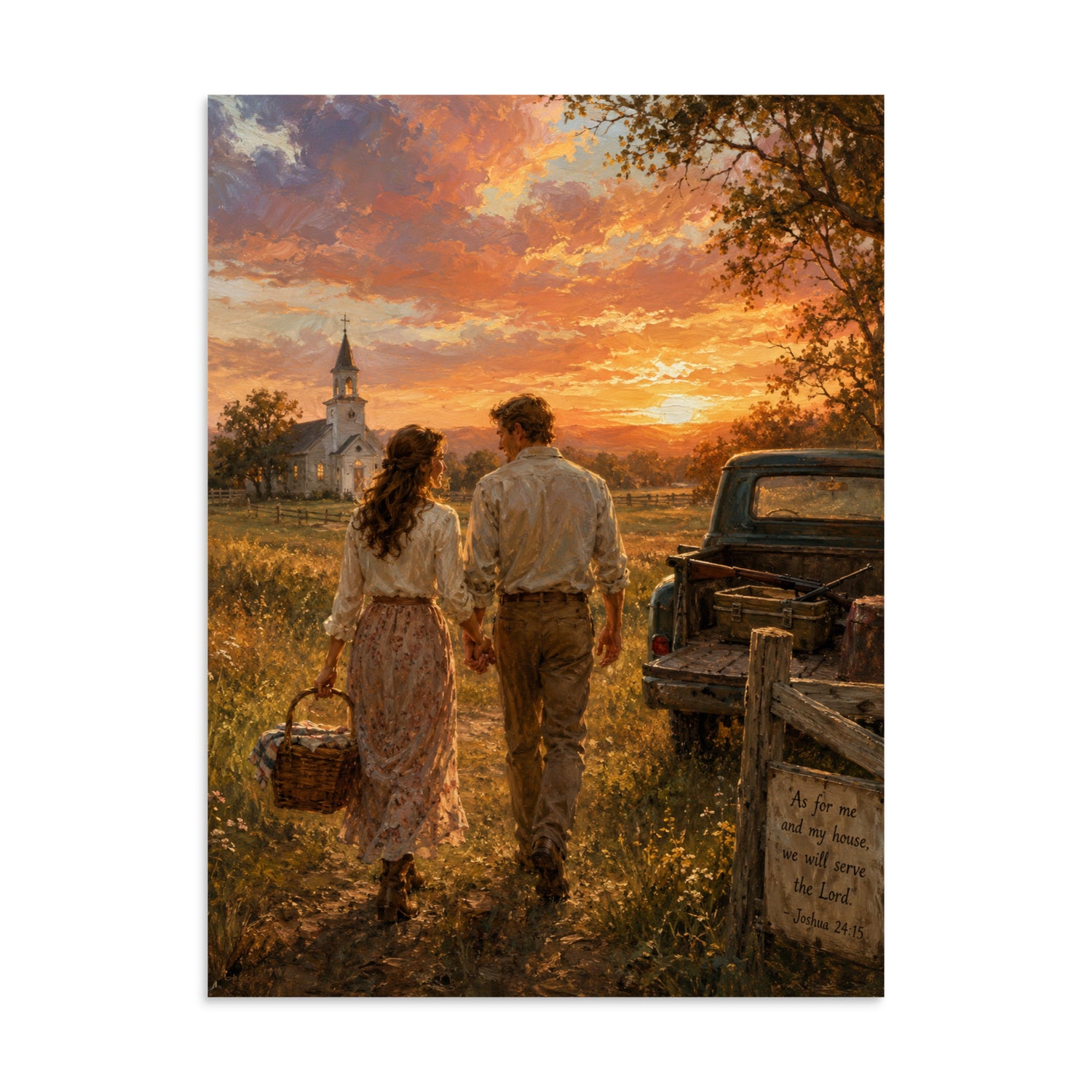 Romantic Christian oil painting of a couple walking hand in hand through a Southern sunset meadow near a country church and pickup truck.