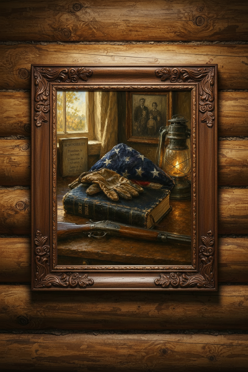 Vintage scene with American flag, gloves, Bible, gun, and lantern on a wooden surface, framed on a wooden wall.